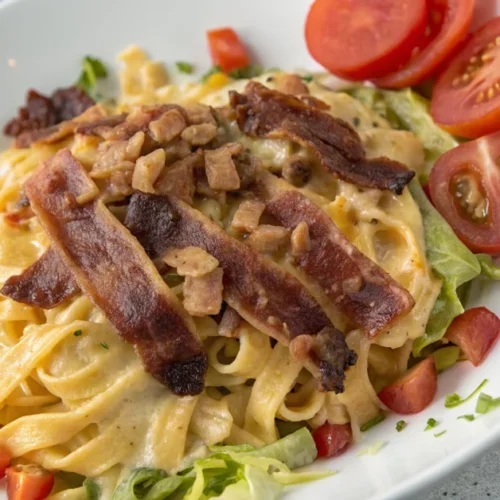 Overhead shot of creamy loaded bacon cheeseburger Alfredo pasta on white plate with crispy bacon strips, melted cheese, fresh