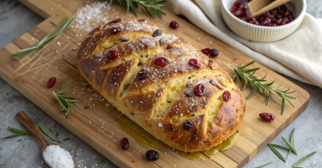 Overhead shot of freshly baked no-knead rosemary cranberry bread loaf on wood cutting board, golden crust with crispy scoring