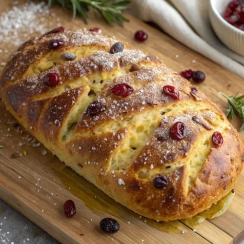 Overhead shot of freshly baked no-knead rosemary cranberry bread loaf on wood cutting board, golden crust with crispy scoring