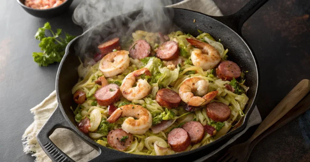 Overhead shot of fried cabbage with shrimp, sausage and bacon in a large cast iron skillet, golden brown sausage slices and p