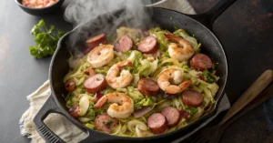 Overhead shot of fried cabbage with shrimp, sausage and bacon in a large cast iron skillet, golden brown sausage slices and p