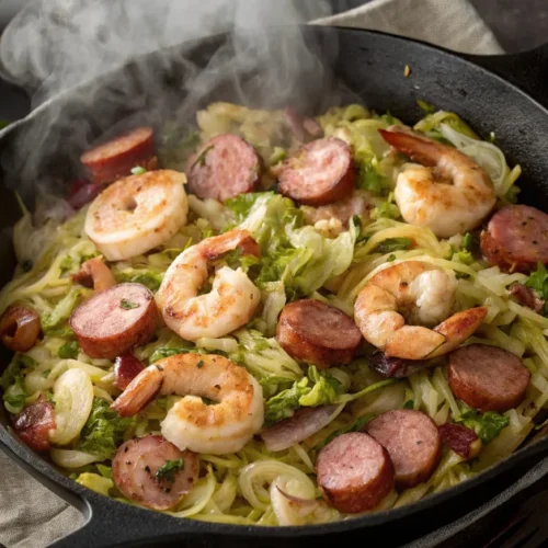 Overhead shot of fried cabbage with shrimp, sausage and bacon in a large cast iron skillet, golden brown sausage slices and p