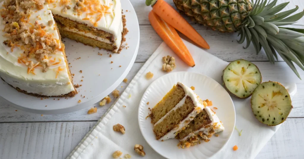 Overhead shot of sliced Hawaiian carrot pineapple cake with cream cheese frosting and toasted coconut on white plate, vibrant