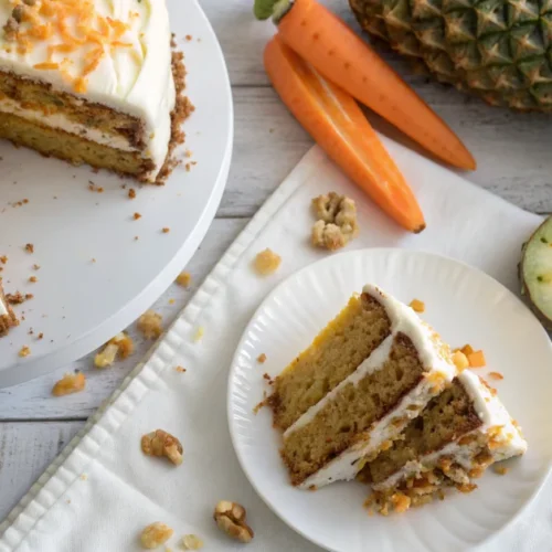 Overhead shot of sliced Hawaiian carrot pineapple cake with cream cheese frosting and toasted coconut on white plate, vibrant
