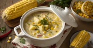 Overhead shot of slow cooker Amish corn chowder in white ceramic slow cooker, creamy pale yellow broth with corn kernels and