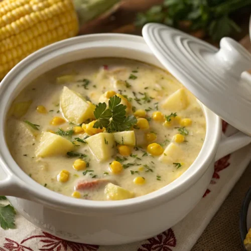 Overhead shot of slow cooker Amish corn chowder in white ceramic slow cooker, creamy pale yellow broth with corn kernels and