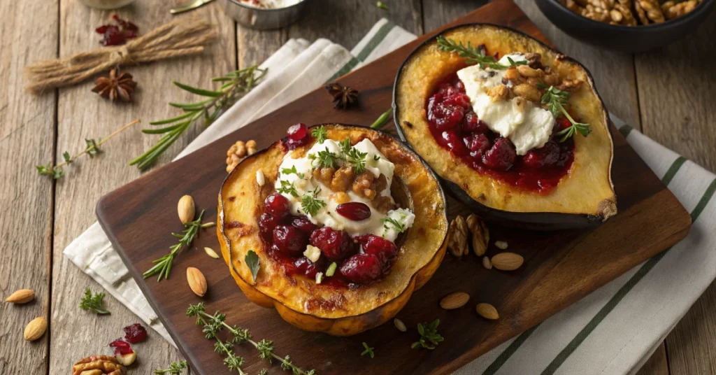 Overhead shot of two roasted acorn squash halves filled with creamy goat cheese, drizzled with cranberry sauce, garnished wit