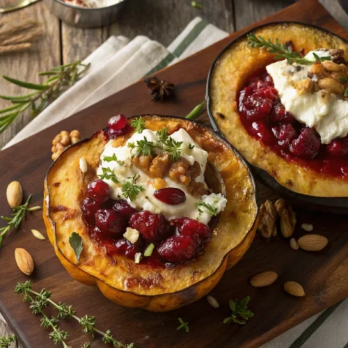 Overhead shot of two roasted acorn squash halves filled with creamy goat cheese, drizzled with cranberry sauce, garnished wit