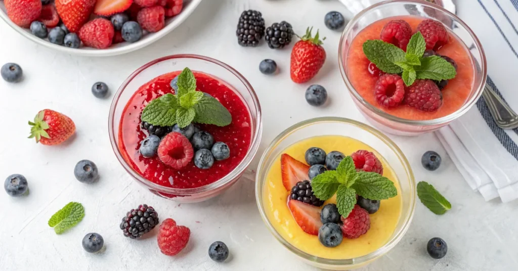 Overhead shot of vibrant Jillian Michaels protein gelatin dessert in clear glass bowls, topped with fresh berries and mint, b