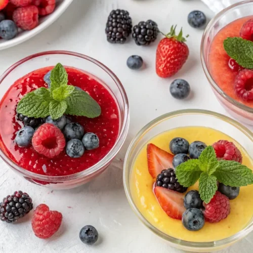 Overhead shot of vibrant Jillian Michaels protein gelatin dessert in clear glass bowls, topped with fresh berries and mint, b