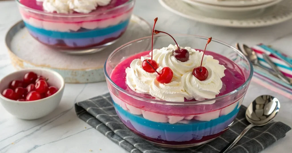 Overhead shot of vibrant layered Kelly Clarkson jello dessert in a clear glass bowl, showing pink, purple, and blue layers wi