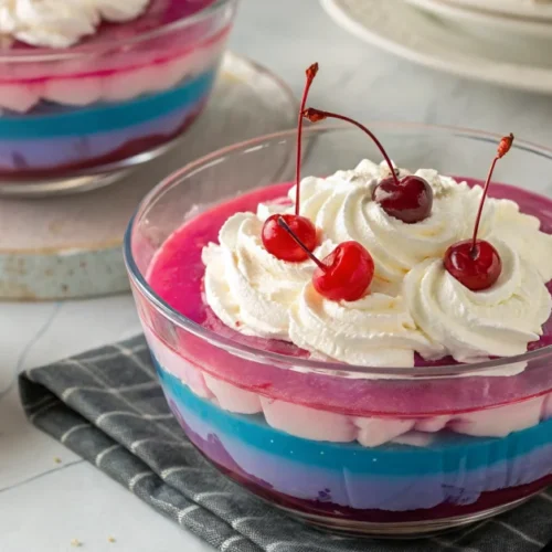 Overhead shot of vibrant layered Kelly Clarkson jello dessert in a clear glass bowl, showing pink, purple, and blue layers wi