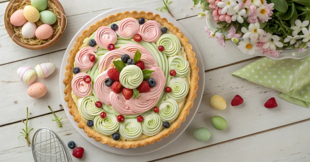 Overhead view of a beautiful Easter swirl pie with pastel pink, green, and white creamy filling in decorative swirled pattern