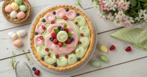Overhead view of a beautiful Easter swirl pie with pastel pink, green, and white creamy filling in decorative swirled pattern