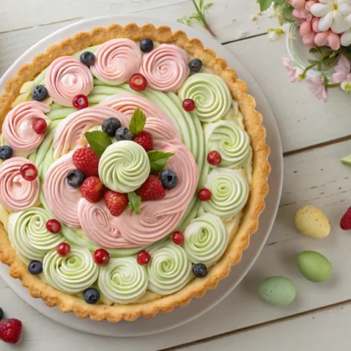 Overhead view of a beautiful Easter swirl pie with pastel pink, green, and white creamy filling in decorative swirled pattern