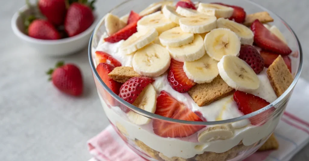 Overhead view of creamy strawberry banana pudding dream dessert in a clear glass trifle bowl, showing distinct layers of vani