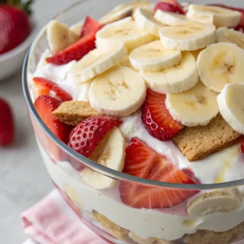 Overhead view of creamy strawberry banana pudding dream dessert in a clear glass trifle bowl, showing distinct layers of vani