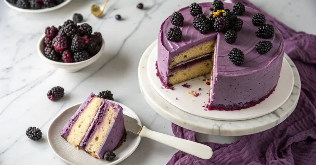 Overhead view of elegant blackberry velvet cake with purple frosting, fresh blackberries on top, two layers visible, white ca