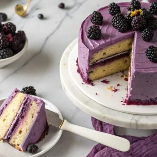 Overhead view of elegant blackberry velvet cake with purple frosting, fresh blackberries on top, two layers visible, white ca