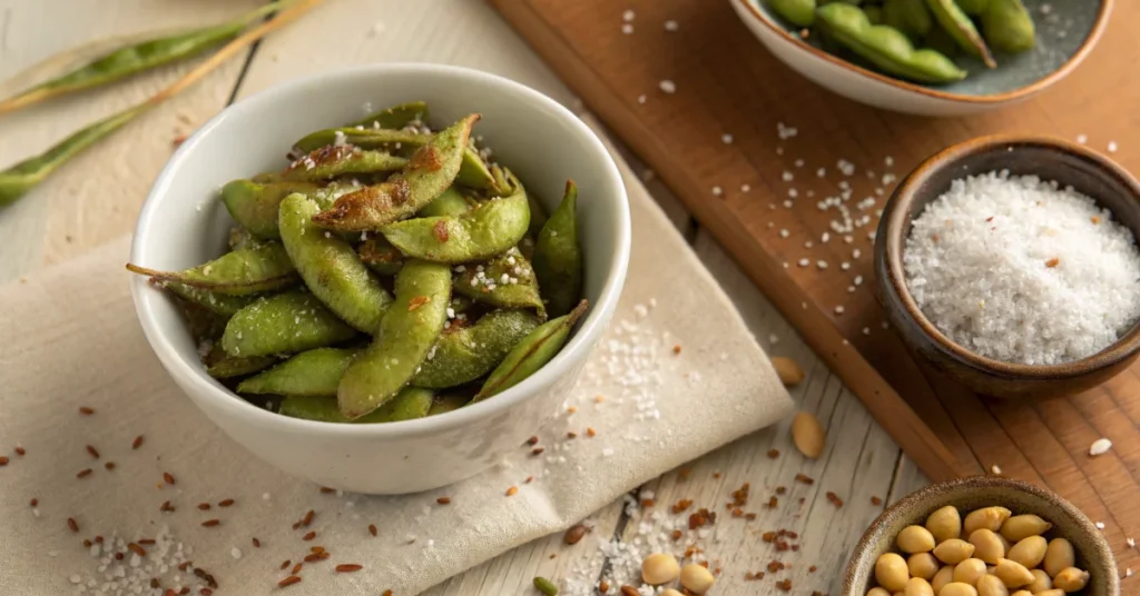 Overhead view of golden roasted edamame in a white ceramic bowl with sea salt and garlic powder scattered around, warm natura