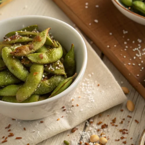 Overhead view of golden roasted edamame in a white ceramic bowl with sea salt and garlic powder scattered around, warm natura