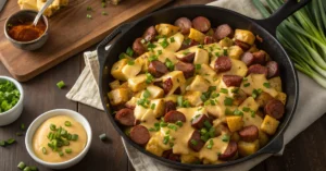 Overhead wide shot of cheesy ranch potatoes and smoked sausage in a large skillet, creamy cheese sauce coating diced potatoes