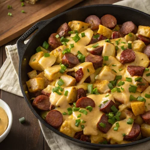 Overhead wide shot of cheesy ranch potatoes and smoked sausage in a large skillet, creamy cheese sauce coating diced potatoes