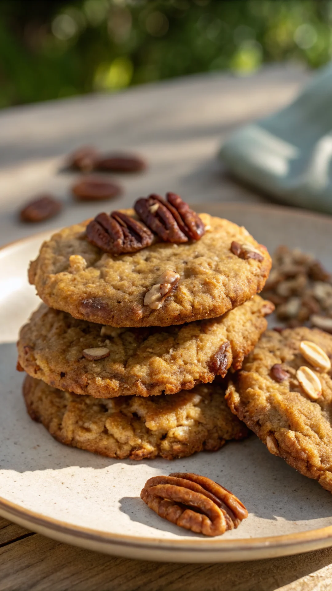 Portrait vertical 9:16 close-up of stack of three bakery style pecan pie oatmeal cookies, golden brown edges, pecan pieces vi