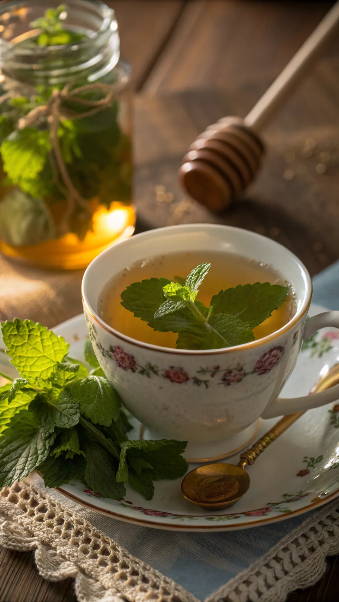 Tall vertical close-up of steaming lemon balm herbal tea in delicate porcelain teacup with fresh green herb leaves floating,