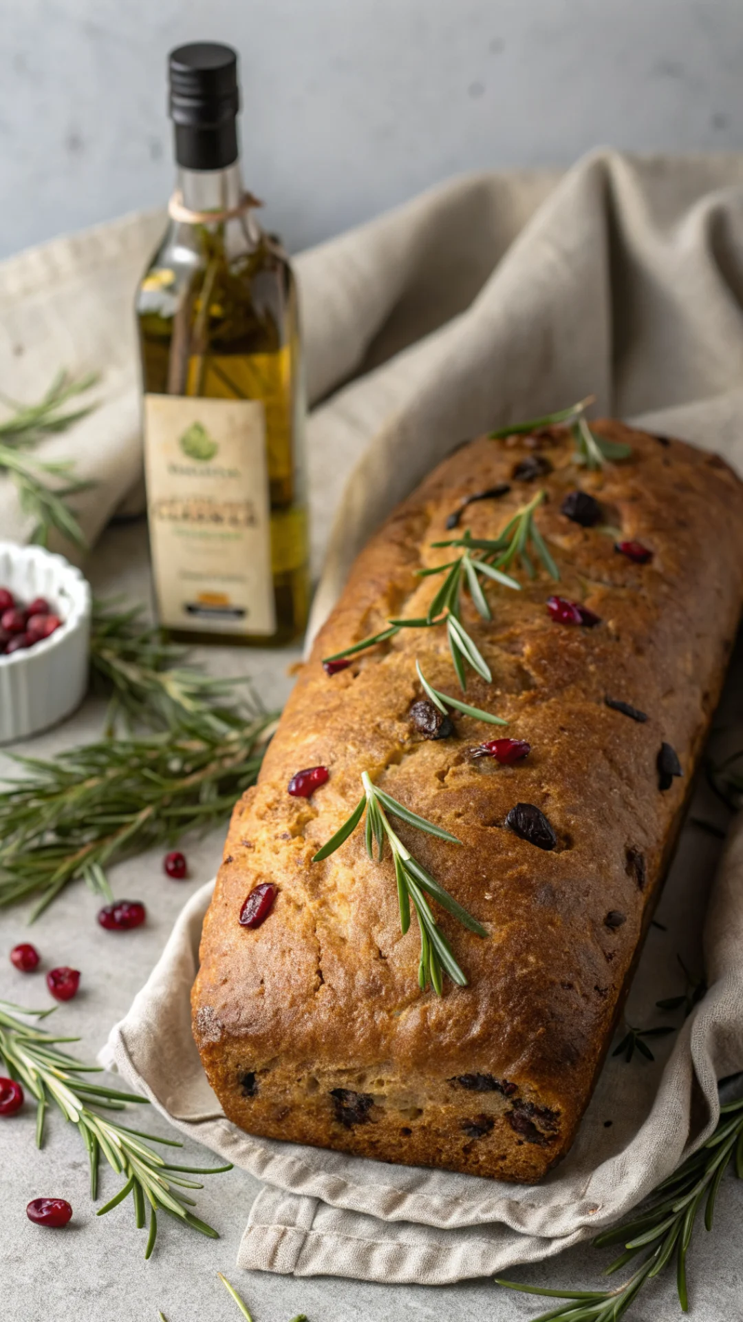 Tall vertical shot of whole no-knead rosemary cranberry bread loaf, dark golden crust with rosemary sprigs embedded, scored p