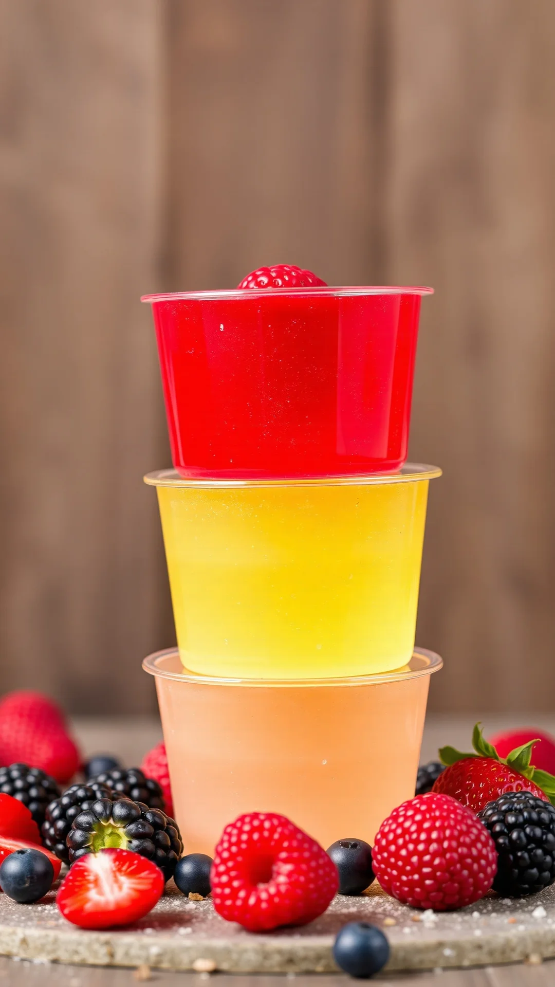 Vertical 9:16 portrait of three different colored sugar-free gelatin cups stacked together showing raspberry red, lemon yello
