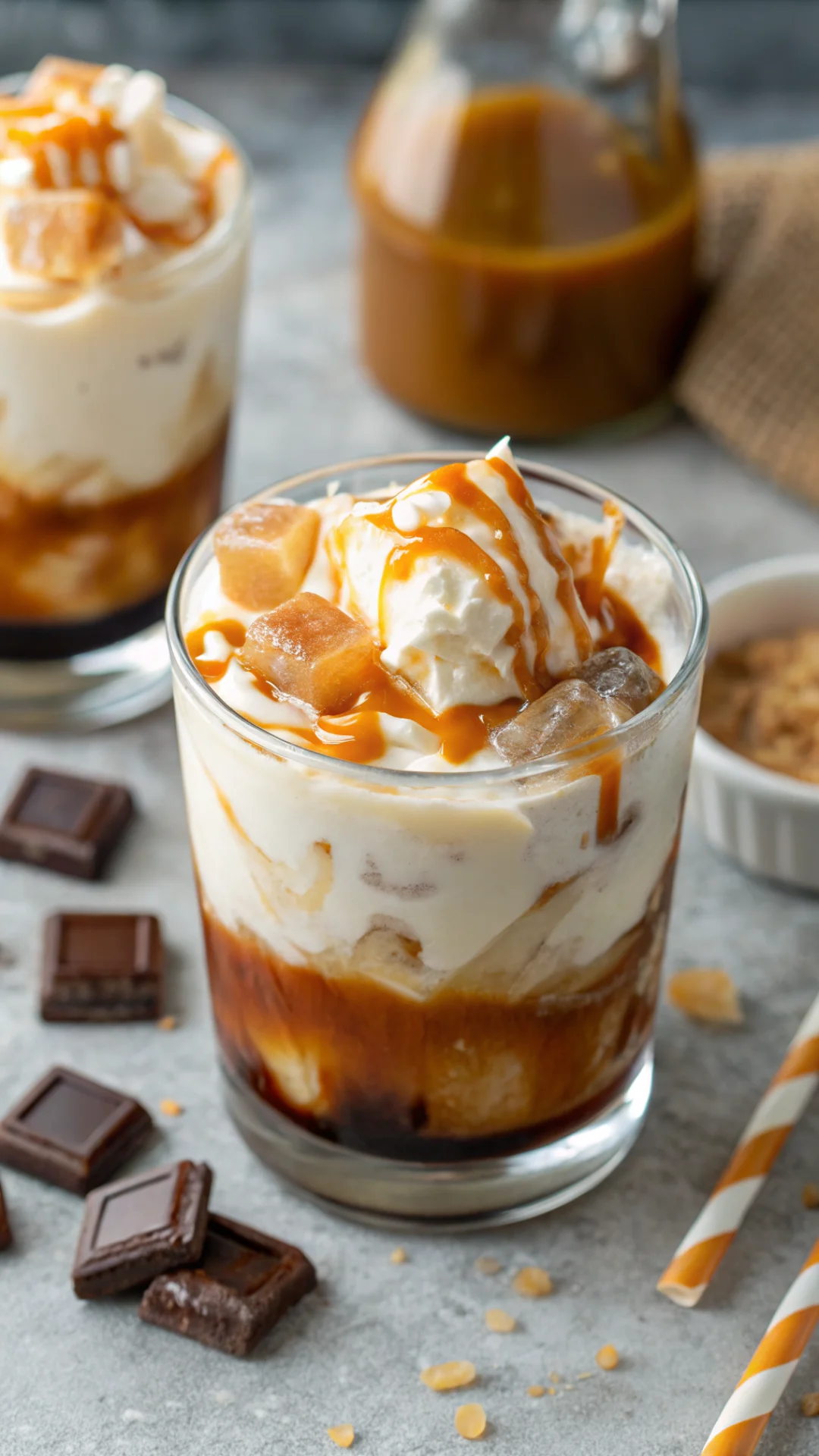 Vertical close-up portrait of a Salted Caramel Butterscotch White Russian, 9:16 aspect ratio, showing beautiful cream layerin