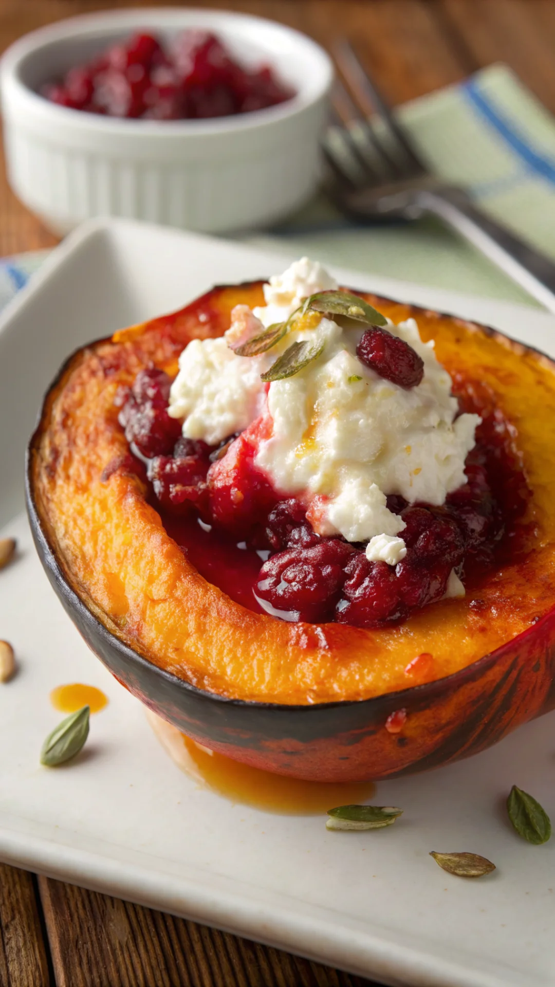 Vertical close-up portrait of a single honey glazed acorn squash half with creamy goat cheese topping and ruby red cranberry