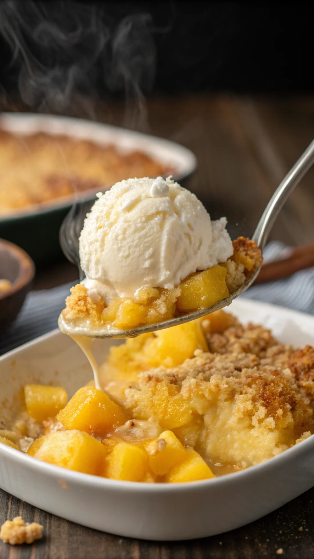 Vertical close-up portrait of a spoon scooping warm pineapple cream cheese cobbler, cream cheese layer visible with golden cr