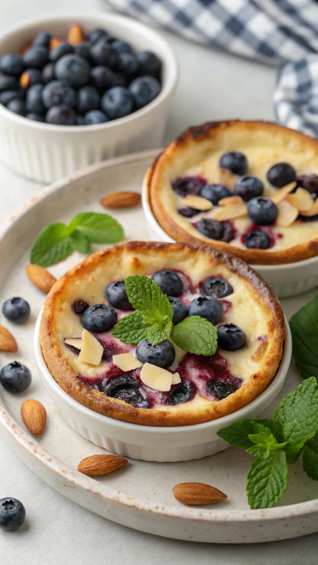 Vertical close-up portrait of baked cottage cheese blueberry bowls with golden-brown edges, creamy centers studded with vibra