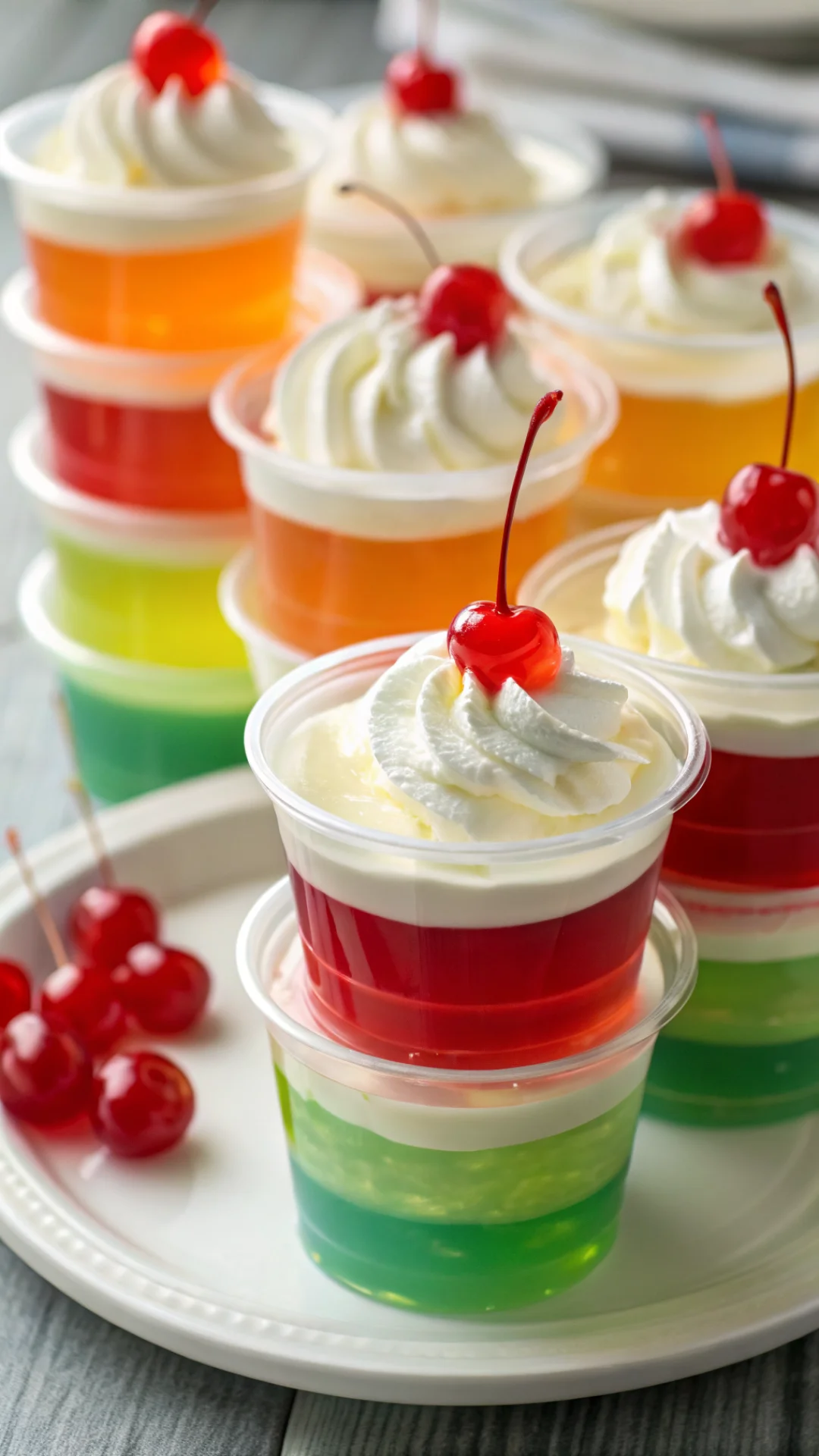 Vertical close-up portrait of individual jello cups stacked showing distinct colorful layers, whipped cream dollop, cherry on