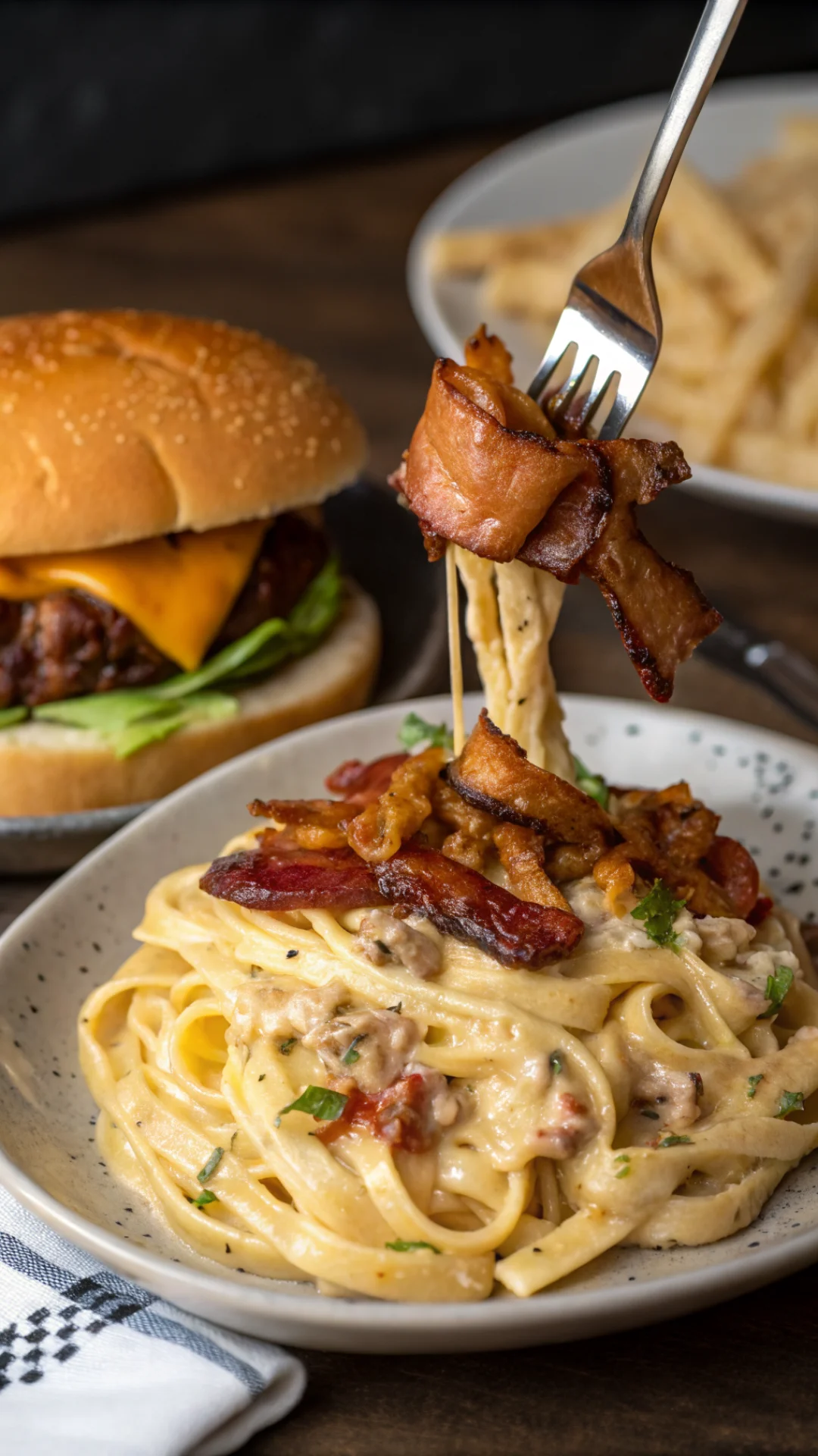 Vertical close-up portrait of loaded bacon cheeseburger Alfredo pasta with fork twirling creamy noodles, golden bacon pieces