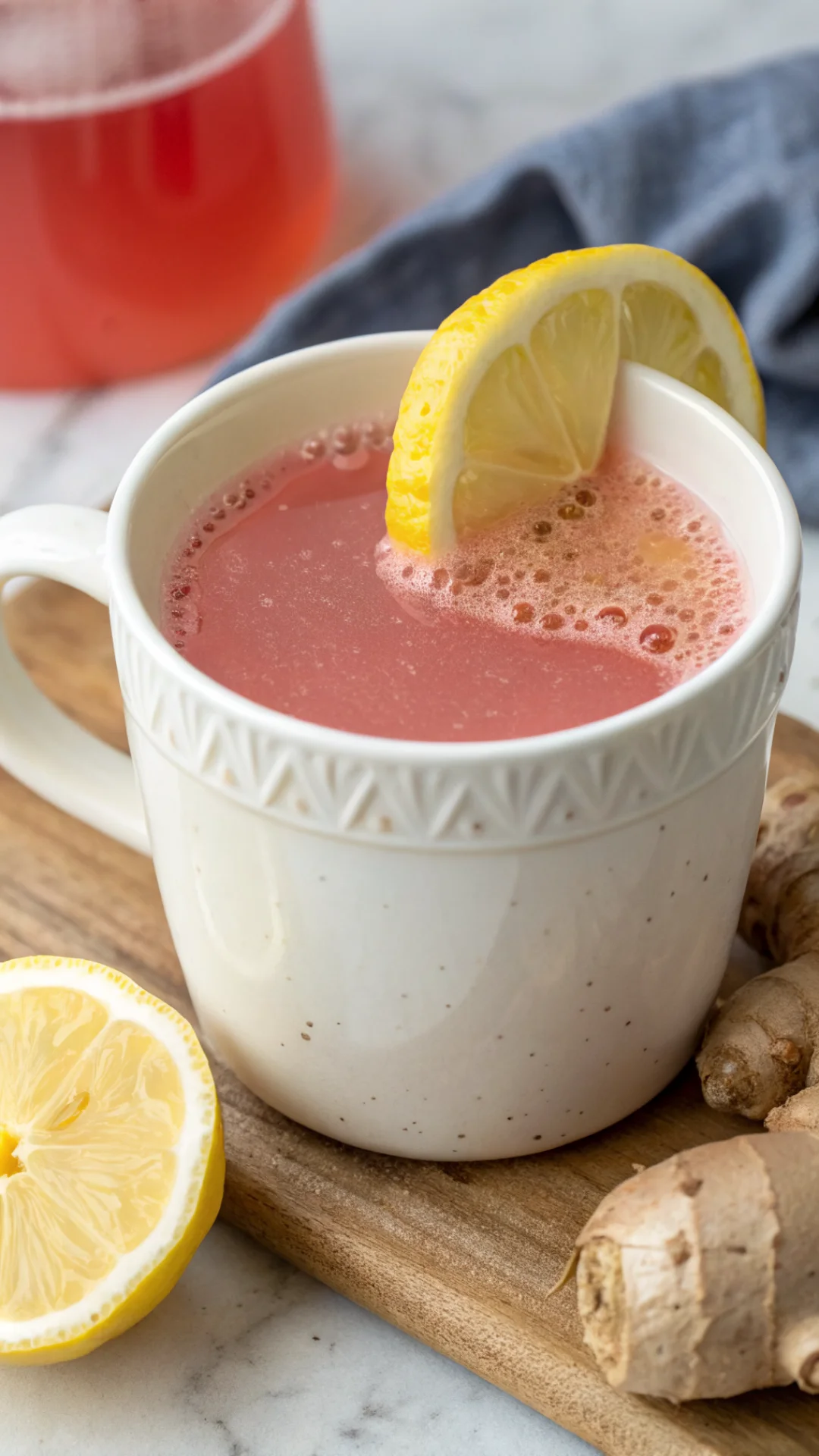 Vertical close-up portrait of steaming pink salt detox drink in white ceramic mug, fresh lemon wedge on rim, ginger root visi