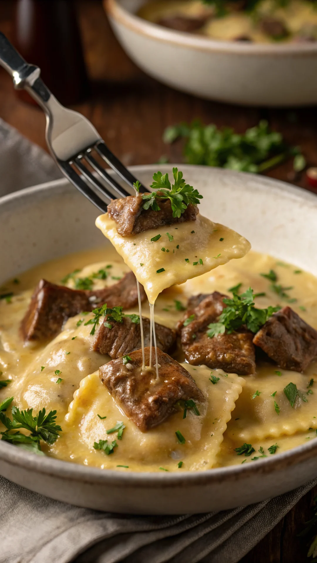 Vertical close-up portrait shot of a fork lifting a creamy cheese ravioli with steak pieces in silky brown garlic butter sauc