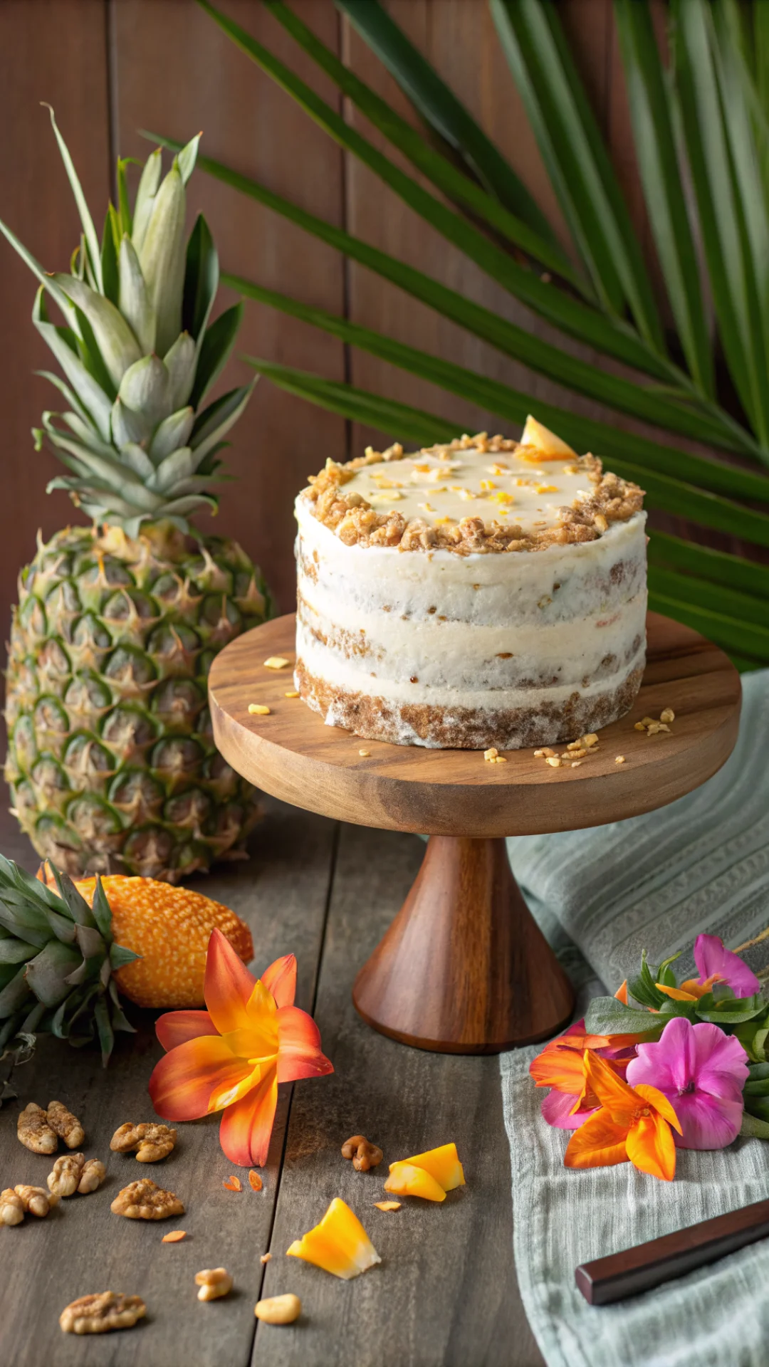 Vertical food photography of full frosted Hawaiian carrot pineapple cake on wooden stand, tropical flowers and pineapple half