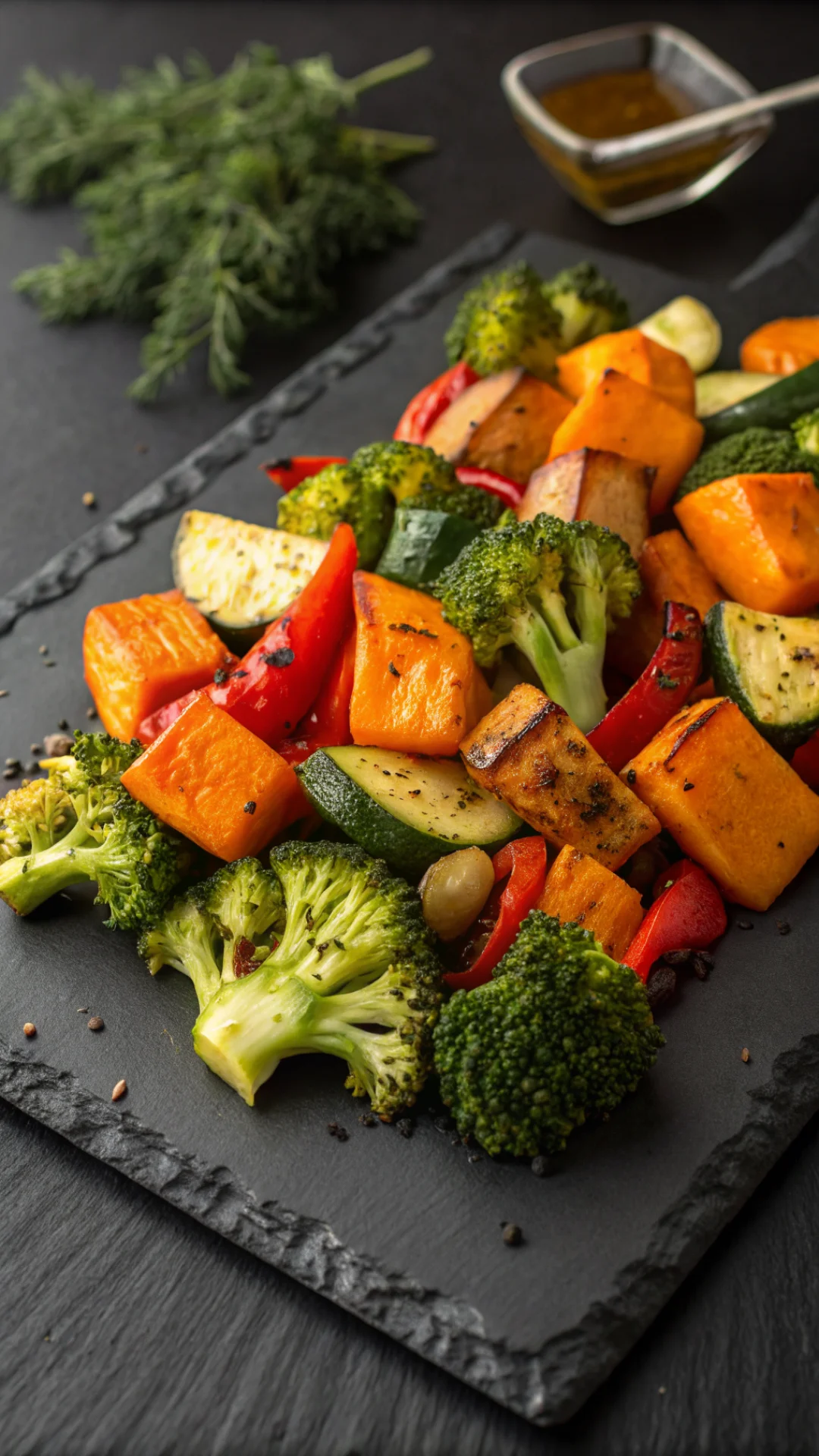 Vertical portrait 9:16 of colorful roasted vegetables: broccoli florets, sweet potato cubes, bell peppers, zucchini on dark s