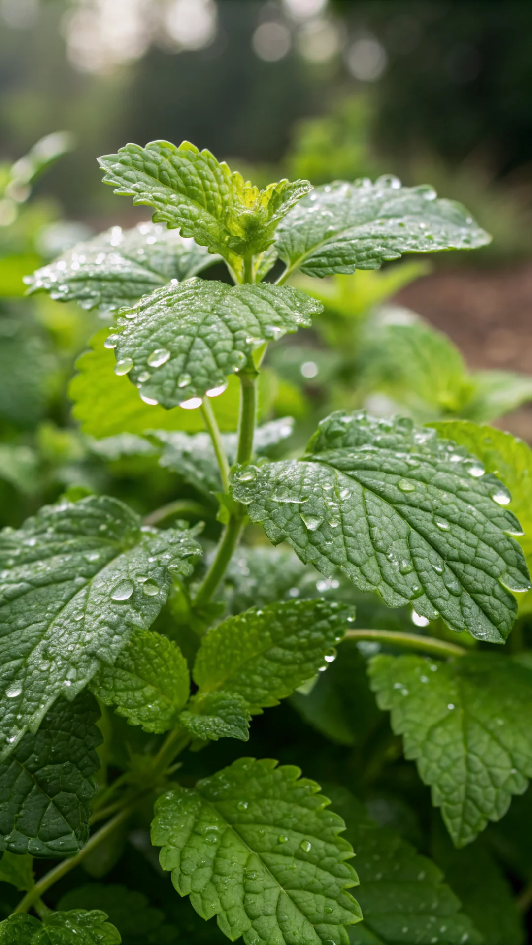 Vertical portrait close-up of fresh vibrant green lemon balm leaves with water droplets, blurred garden background, bright na