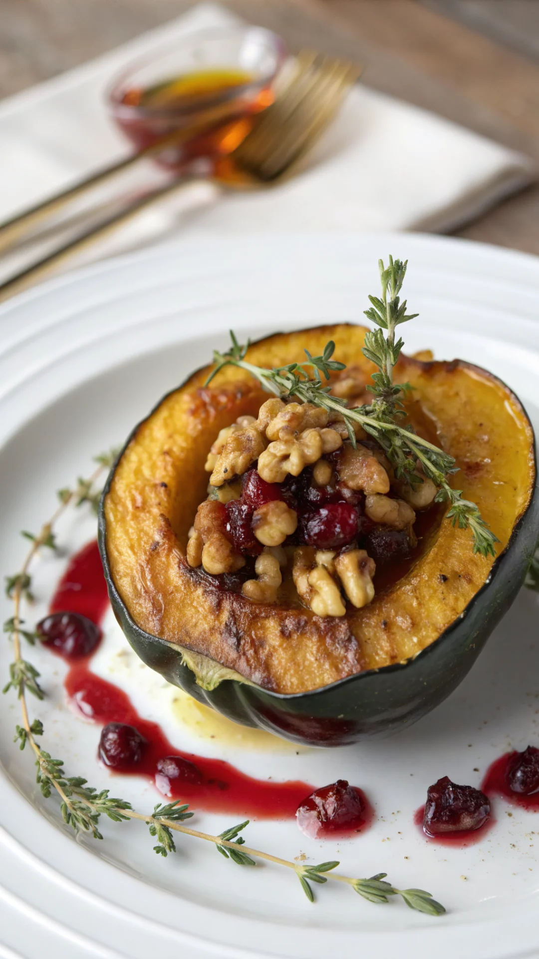 Vertical portrait of a plated acorn squash serving garnished with walnut pieces and fresh thyme sprigs, golden honey glaze vi