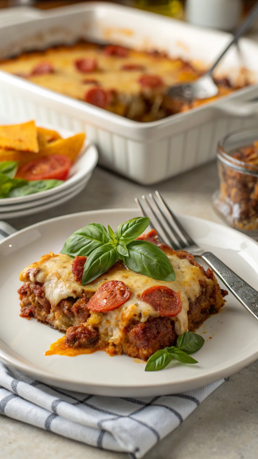 Vertical portrait of a plated serving of hamburger sausage pepperoni bake on a white plate, golden cheese on top, fresh basil