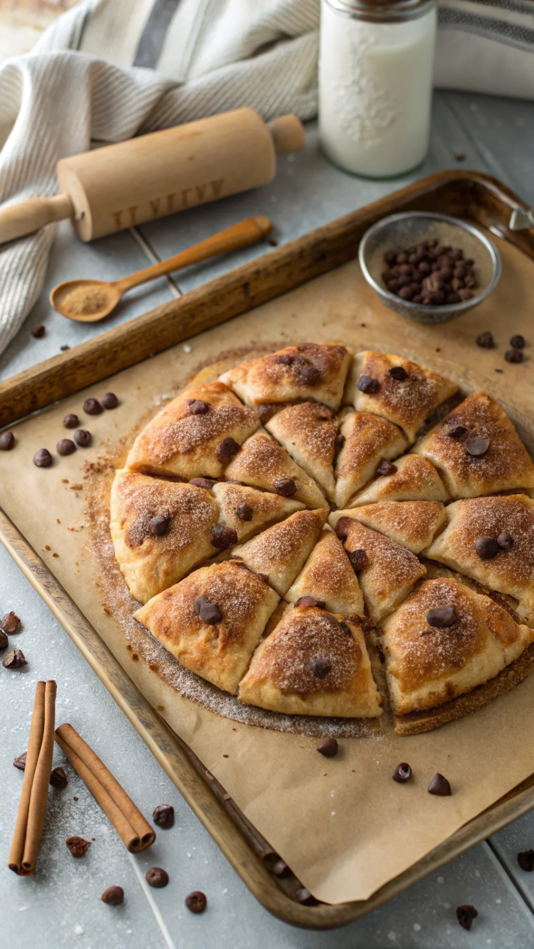 Vertical portrait of cinnamon sugar pizza with crescent rolls on a rustic baking sheet, showing whole pizza from above, golde