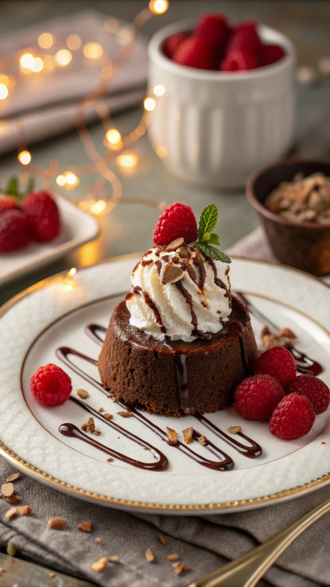 Vertical portrait of finished cottage cheese lava cake on elegant dessert plate with whipped cream, chocolate drizzle, and fr
