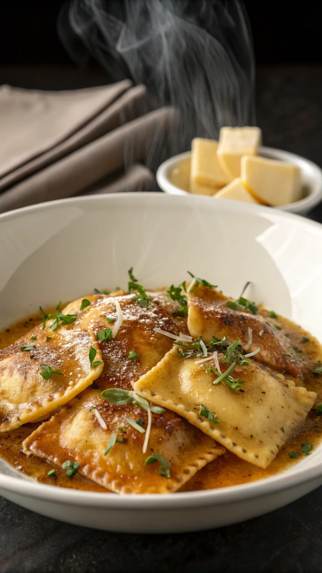 Vertical portrait of finished steak cuts and cheese ravioli dish in white bowl, golden brown butter pooling around ravioli, g