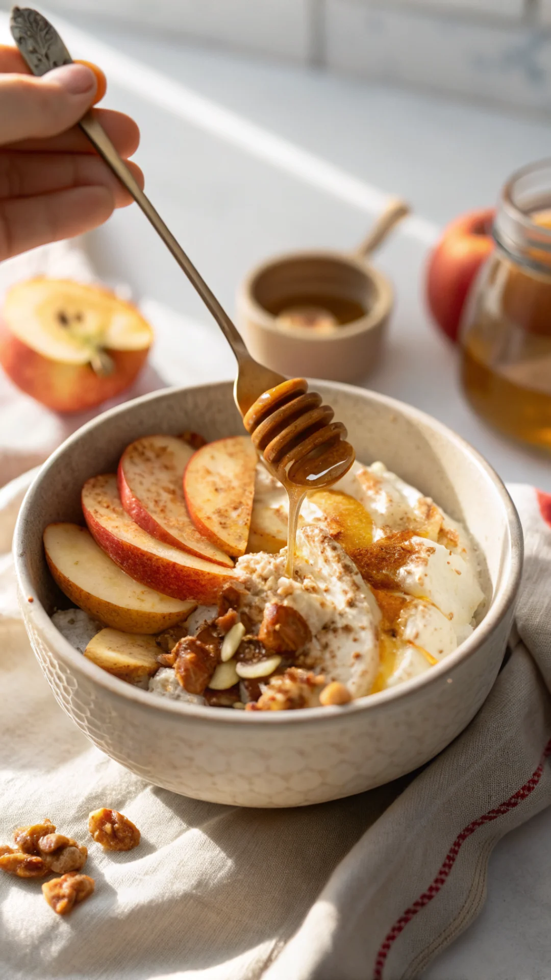 Vertical portrait of hand holding a spoon over a baked apple cinnamon cottage cheese breakfast bowl, capturing the creamy tex
