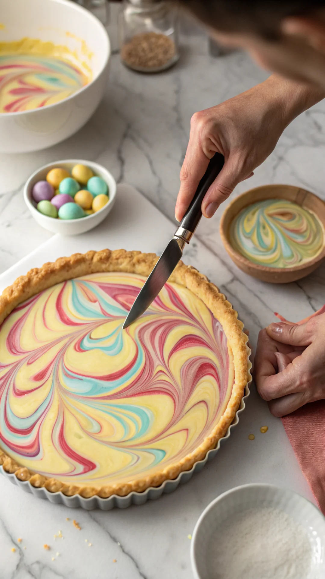 Vertical portrait of hands using a knife to create decorative swirls in the Easter pie filling, pastel colors mixing together