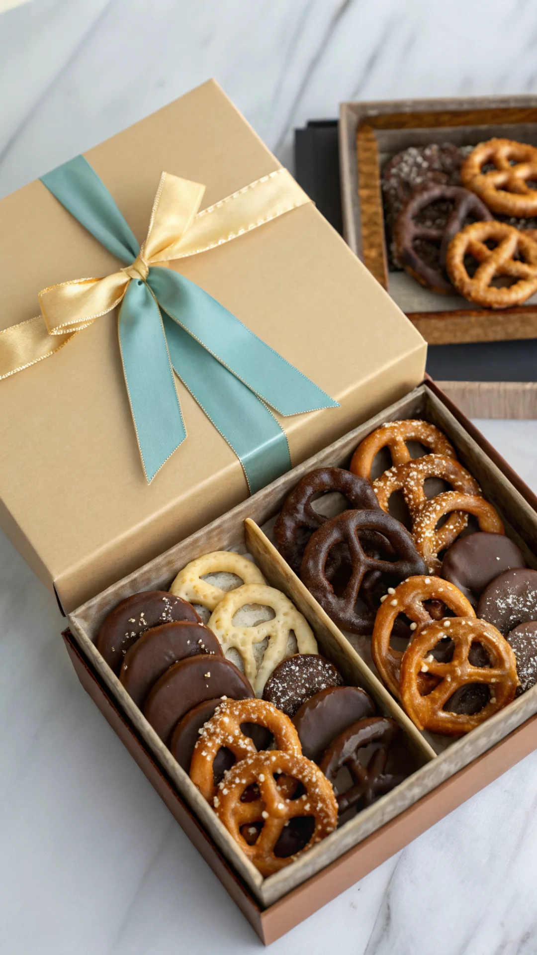 Vertical portrait of homemade butter toffee pretzels in a decorative gift box with ribbon, showing multiple pretzel varieties
